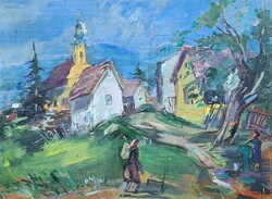 Séday Éva (1929-2011): Utcakép templomtoronnyal (olajfestmény)