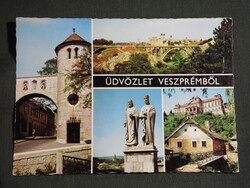 Képeslap,Veszprém,mozaik,szent István szobor,Viadukt híd,vármúzeum, palota látkép,részlet, 1983-