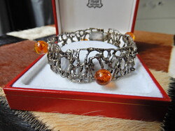 Vintage FISCHLAND Modernist Silver Bracelet with Amber Stones