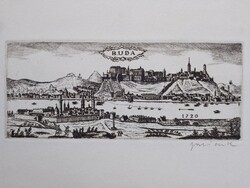 Jurida Károly: Buda 1720, eredeti rézkarc jelzett szignózott, zsűripéldány, dunai látkép Budai Vár