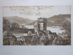 Csurgói Máté Lajos: Dunakanyar eredeti rézkarc jelzett aláírt számozott 10/100 tájkép vár