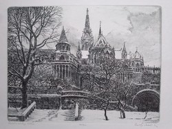 Csurgói Máté Lajos: Halászbástya télen eredeti rézkarc jelzett szignózott számozott 10/100 Budai Vár