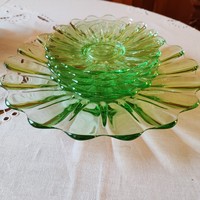 Urán zöld színű art deco üveg süteményes készlet