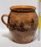 Népi, fröcskölt sötétbarna, fehér mázfoltos, világosbarna mázas kerámia szilke (3226)