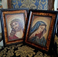Beautiful antique hand-embroidered micro gobelin of Jesus and Mary in carved frames, pair of religious images
