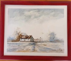 Szentmihályi jelzéssel - Téli tanyasi tájkép olajfestmény