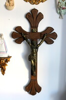 Kézzel faragott, tömör fa feszület, kereszt, fém korpusszal, 80 cm, nagy méret!