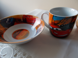 Autós porcelán tányé, bögre együtt