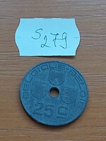 BELGIUM BELGIQUE - BELGIE 25 CENTIMES 1942 WW II. CINK, III. Leopold király  S279