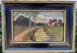 Erdélyi Ferenc (1904 - 1959): "Faluba vezető út" olaj festmény