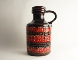 Retró Scheurich Kerámia Padló Váza / Nyugat Német / Régi / Piros / Fat Lava / Mid Century