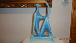 Zsolnay kék  ,  A napimádó  , Török János 1960 körül ,  28 cm , szép retro tárgy