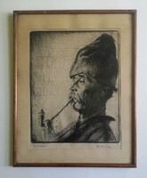 Gallé Tibor(1896-1944): Pipázó bácsi. Jelzett, ritka rézkar.