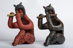 Izsépy - fuvolázó Faun pár - samottos kisplasztika/szobor