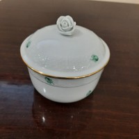Herendi zöld virágmintás porcelán cukortartó, bonbonier