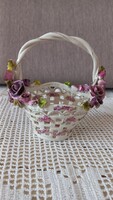 Angol, rátett lila virágos, áttört mintás füles porcelán kosár,  jelzett