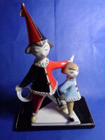 Hollóházi porcelán harlekin bohóc, kislánnyal, kézzel festett, jelzett,