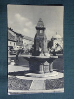 Képeslap,Pécs,Széchenyi tér,Dzsámi,MÁVAUT buszmegálló,Ikarus busz,Zsolnay kút látkép,részlet, 1966-