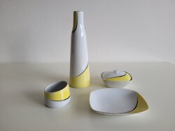 Retro Hollóházi mid century porcelán készlet Gazder Antal sárga fehér dísztárgy váza tál bonbonier
