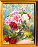 Moona: Rózsacsokor üvegvázában EREDETI olajfestmény