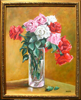 Moona: Rózsacsokor pohárban EREDETI olajfestmény