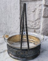 Szecessziós Art Deco asztalközép kínáló fúvott üveg betét, ezüst jellegű
