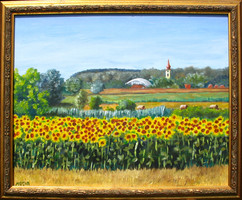 Moona: Alföldi falu napraforgókkal EREDETI olajfestmény