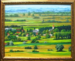 Moona: Alföldi falu a tájban EREDETI olajfestmény