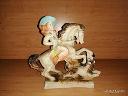 Régi só szobor Cowboy nő lovon figura 21 cm magas