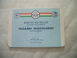 Magyar Autóklub tagsági igazolvány 1989