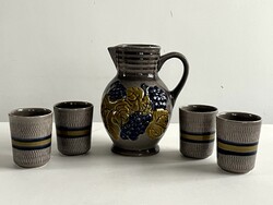 Retro W Germany, Scheurich szőlő mintás kerámia boros, vizes kancsó, kiöntő + 4db pohár