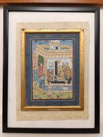 Antik indiai kép hindu életkép festett színes miniatúra üveg alatt keretben 461 9886