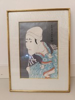 Antik Japán fametszet szamuráj portré motívum keretben 428 9856