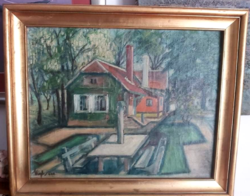 Vigh László: Padok a ház előtt, 1948 (olaj, vászon) pécsi festőművész - utcakép, város falu