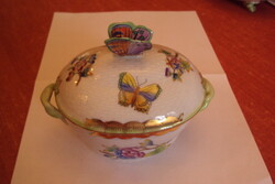 HERENDI porcelán,lepkefogós tetejű, kosárfonásos szélű,dús díszítésű, Viktória mintás bonbonier.