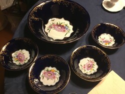 Szervirozó tál 23cm, 4 kis tál 12 centisek, tökéletesen szépek, kobalt,