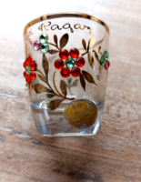 Vintage 60-as évek svájci üveg emlék pohár,virág strasszos,arany felirat Bad Ragaz,"ER.WI ECHT GOLD"