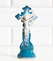 Régi porcelán kereszt kék festéssel, koponyával - feszület - keresztény katolikus