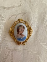 Gyönyörű eredeti francia Limoges porcelán bross, kitűző / Jelzéssel ellátott