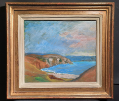 Bede István: Öböl - Mamaia, Románia (olajfestmény szép keretben) vízpart, Fekete-tenger