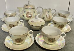 Khala DDR barokk jelenetes, lüszter mázas, vitrin állapotú porcelán teás készlet.