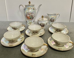 Khala DDR barokk jelenetes, lüszter mázas, vitrin állapotú porcelán kávés készlet.