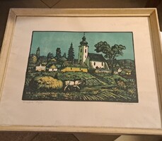 Réti Mátyás (1922-2002): Öregfalu. Színes linómetszet