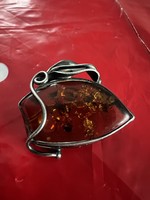 Borostyán ezüst bross