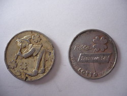 2 db Toto-Lotto Reklám Alumínium Szerencse Zseton '60-as Évek