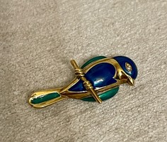 Stílusos, arany madár bross, tűz zománcozott, a szeme valódi gyémánt, 14K, 6,4 gr