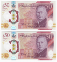 Sorszám közeli 2 darab 50 GBP ANGOL FONT - UNC hajtatlan bankjegy