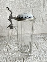 Antik üveg söröskorsó ónfedeles porcelàn betéttel, Bayern Royal tettau