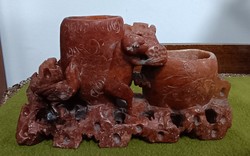 Antik zsírkő szobor, majmos-fácános