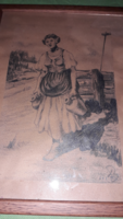 Balázs János jelzett grafika kép, : Vízhordó lány üveg alatt keretben 26 x 21 cm a képek szerint